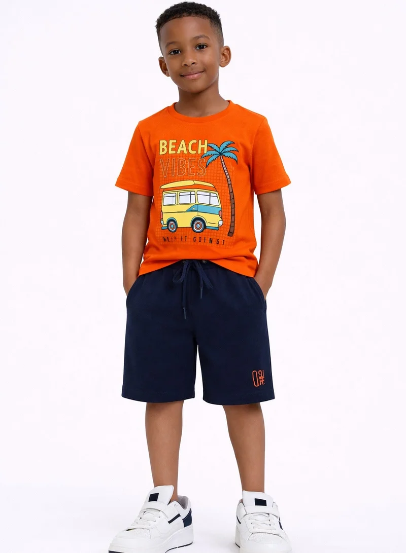 victor and jane Boys Beach Trip Printed T-Shirt & Blue Shorts Set
